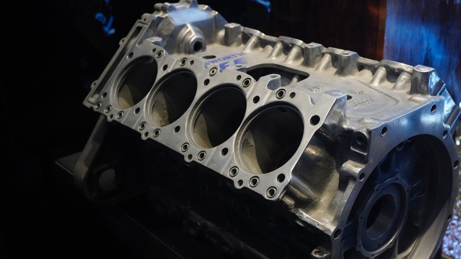 A close up of an engine block on a table
